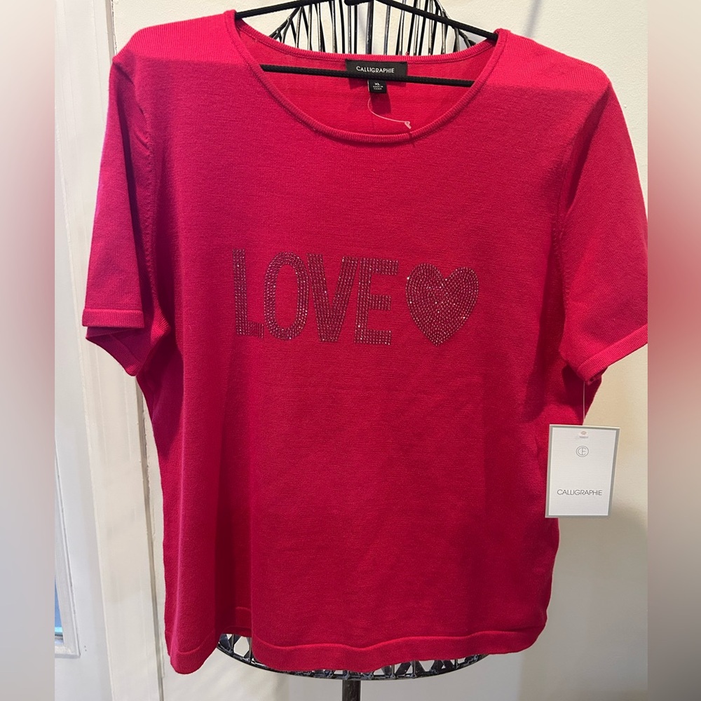 Vibrant Pink Short Sleeve sweater with bling lettering